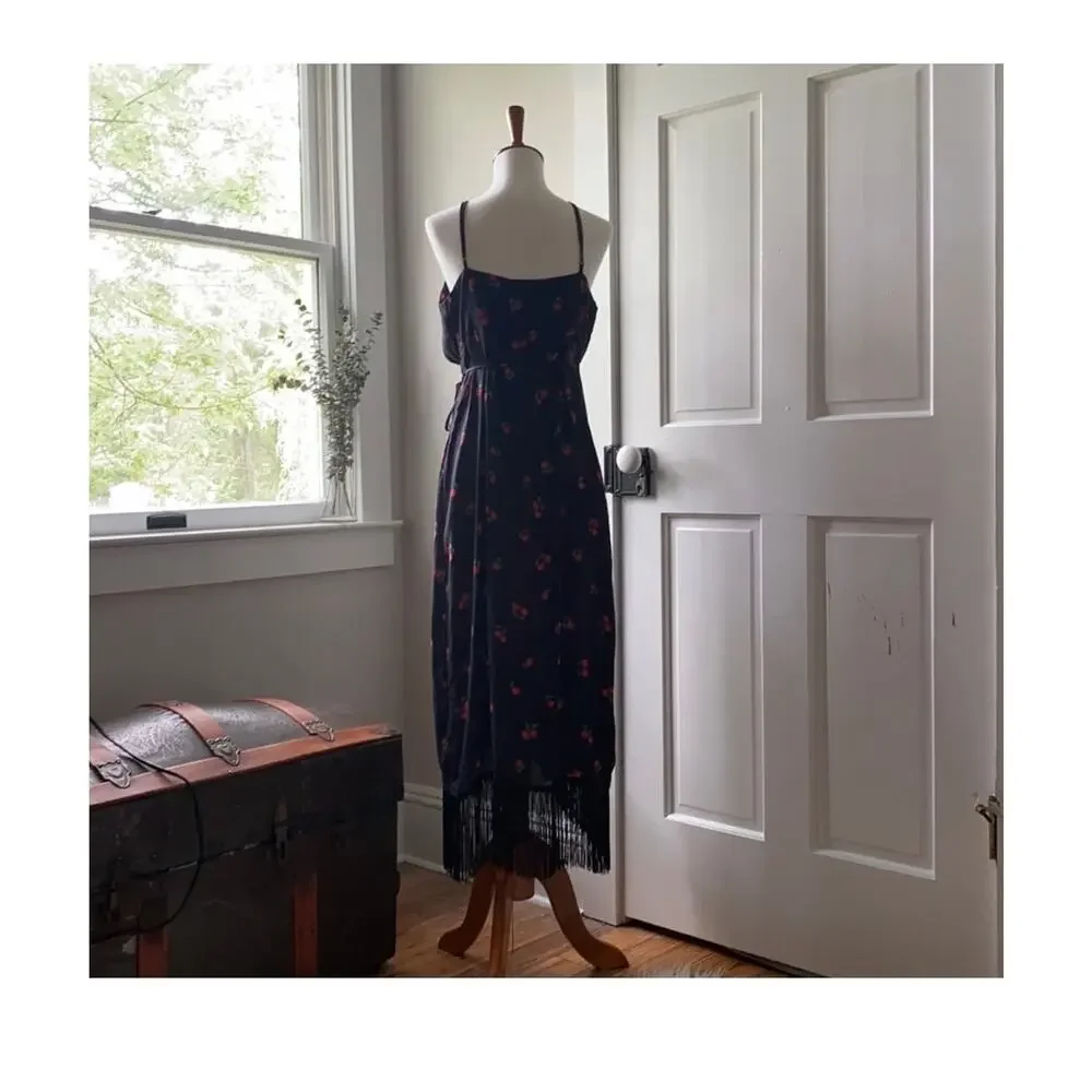 FARM Rio Black Pitanga Fringe Wrap Midi Cherry Dress Strappy Beaded Size M